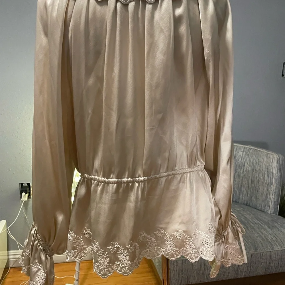 Reformation Cream Satin Lace-Trim Peasant Blouse